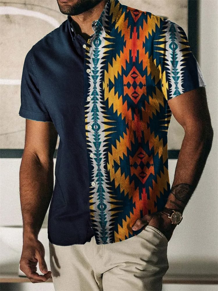Western Aztec Patchwork Short Sleeve Shirt