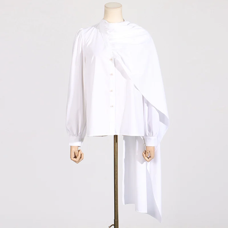 Toloer Toloer 2024 New Fashion Temperament Pure Color Scarf Collar Pleated Splicing Design Sense Sleeve Long Sleeve Women's Shirt-Outfit Ideas