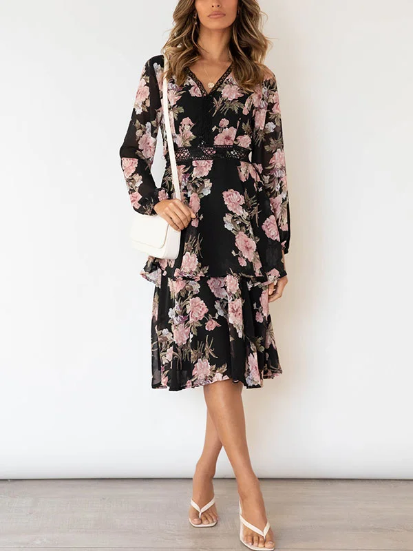 Vintage Knee Length Printed Tiered Women's Printed Dress