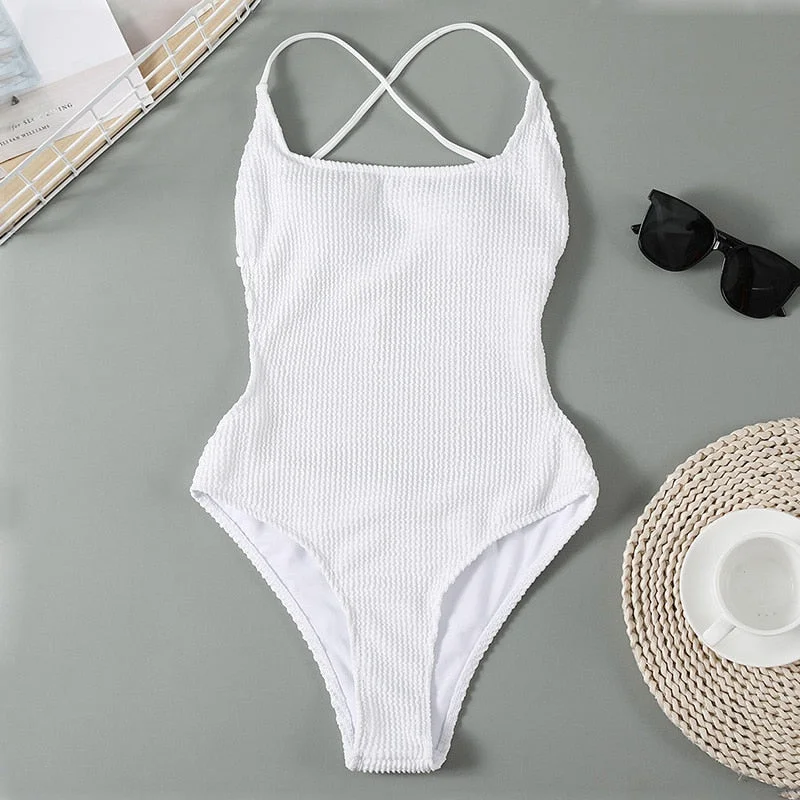 INGAGA Textured Women's Swimsuit One Piece High Cut Swimwear 2022 Backless Bodysuits Sexy Monokini Bathing Suits Solid Beachwear