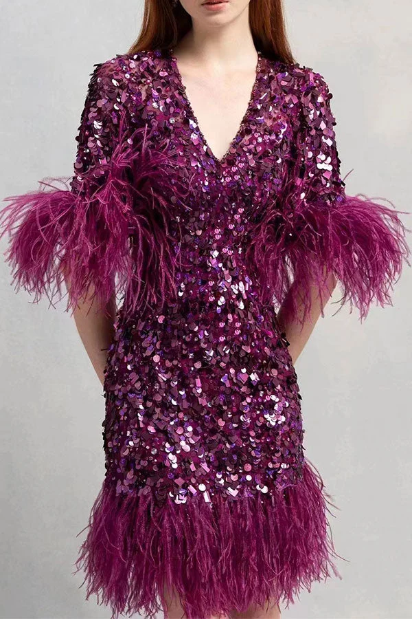 Sequined Sparkly Feather Patchwork Mini Dress