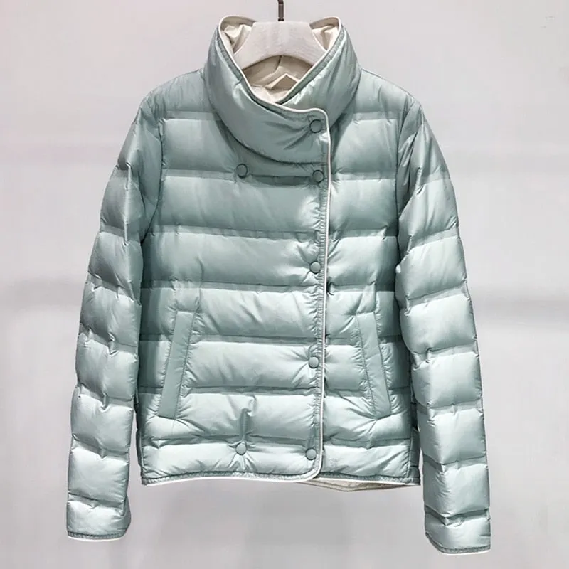 Ailegogo Winter Women Stand Collar Ultra Light Short Down Coat 90% White Duck Down Warm Single Breasted Jacket Lady Snow Outwear