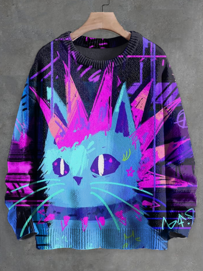 Men's Rock Punk Music Fun Cat Art Print Knit Sweatshirt