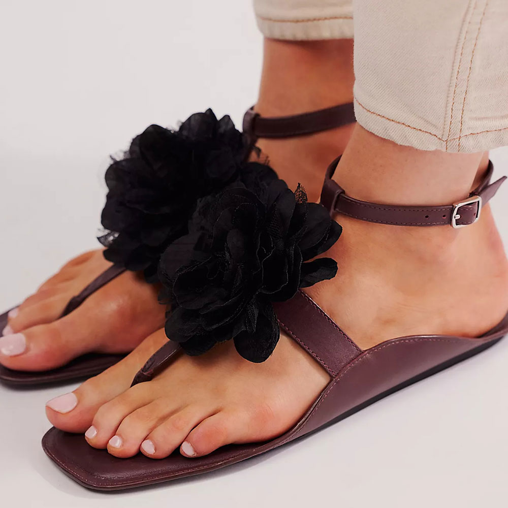 Burgundy Ankle Strap Buckle Flat Summer Sandals with Flower Nicepairs