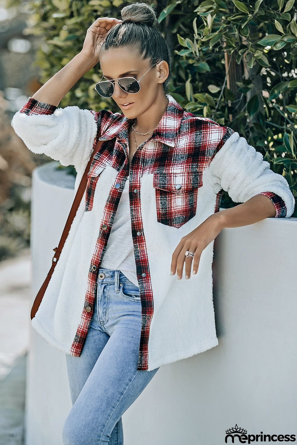 Plaid Patchwork Buttoned Pocket Sherpa Jacket
