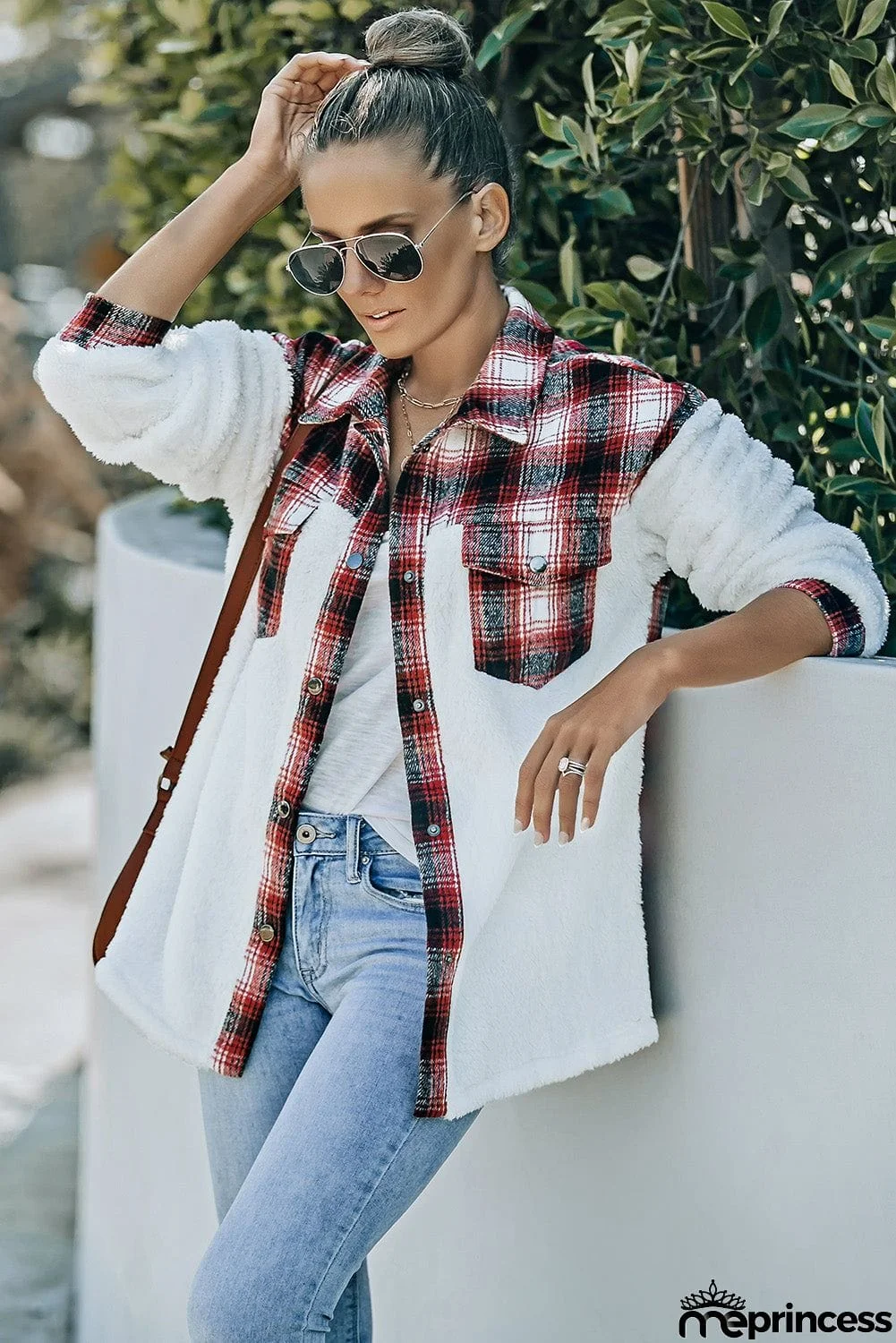 Plaid Patchwork Buttoned Pocket Sherpa Jacket