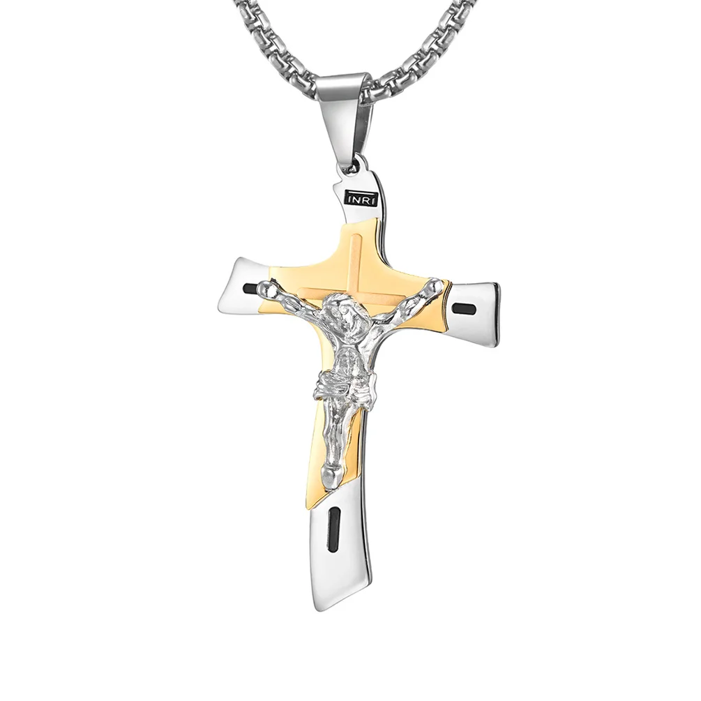 Two Tone Cross Jesus Multilayer Pendant with Box Chain Necklace-VESSFUL