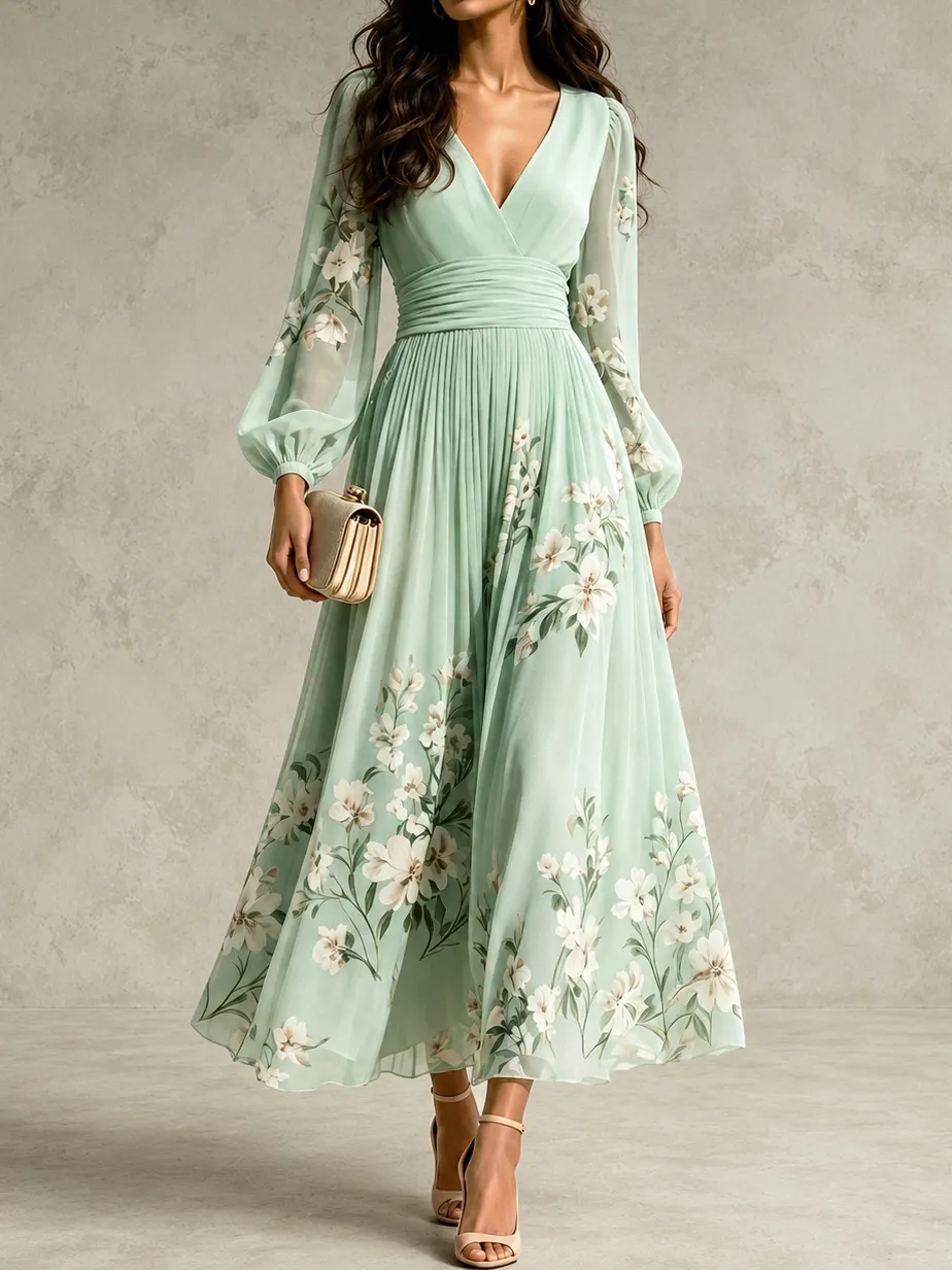 Elegant Floral Print Long-sleeved V-neck Pleated Dress elevenforest