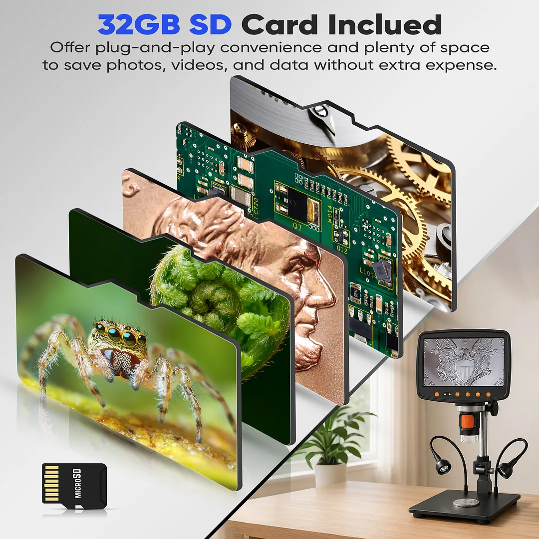 BEBANG 7" Coin Microscope, 1200X LCD Digital Microscope with 8 Adjustable LED Lights, 2 Flexible Side Lights, PC View Compatible with Windows Mac OS, 32GB
