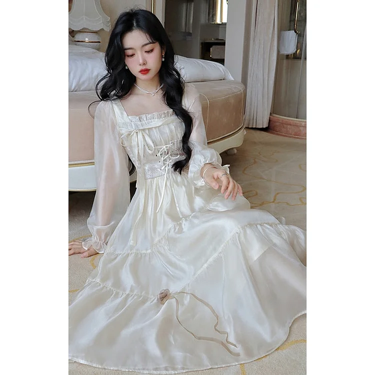 Square Neck Lace Cap Sleeves Ruffles Long Dress Gold