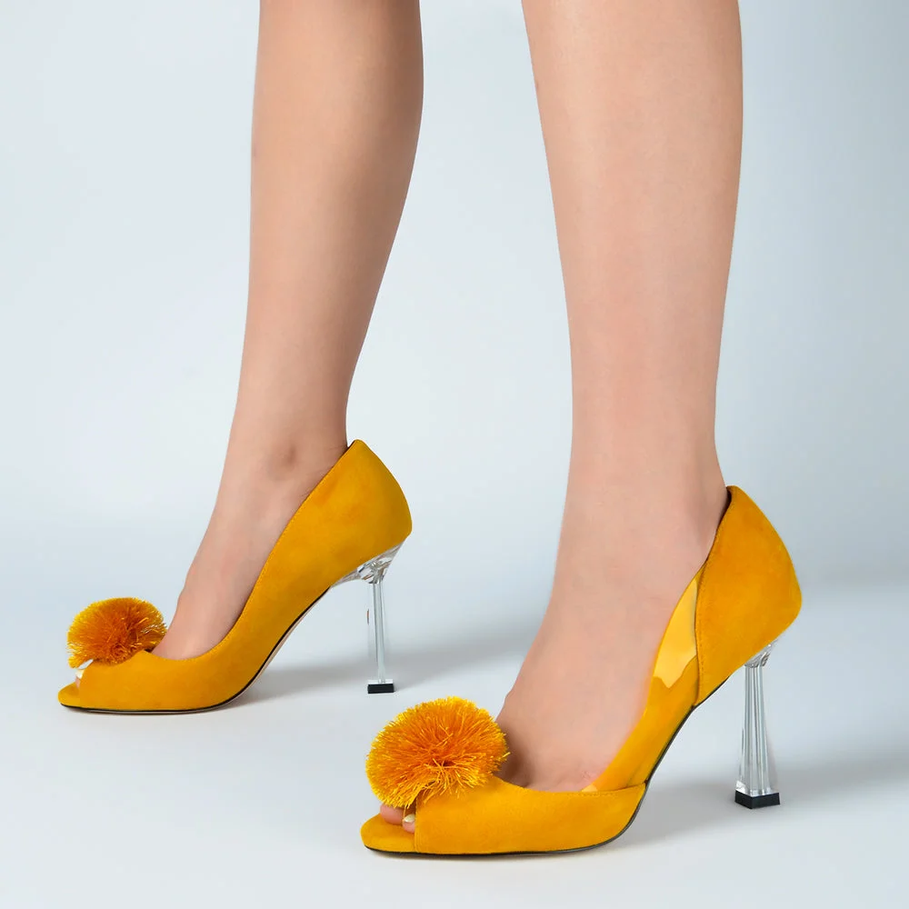 Yellow Suede Peep Toe Flared Heels Clear Pumps With Pom-pom