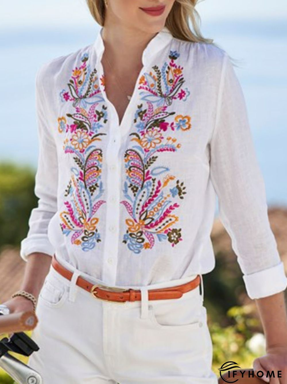 Casual FloralPrinted Stand Collar Cotton Loose Blouse | IFYHOME