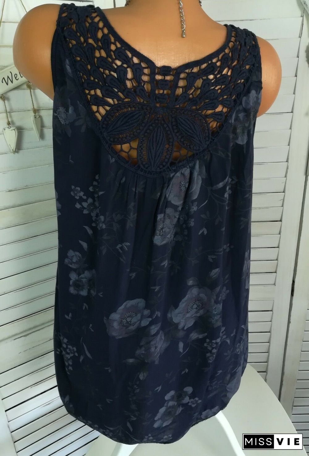 Women's Floral Printed Lace Stitching Sleeveless Tops Blouse