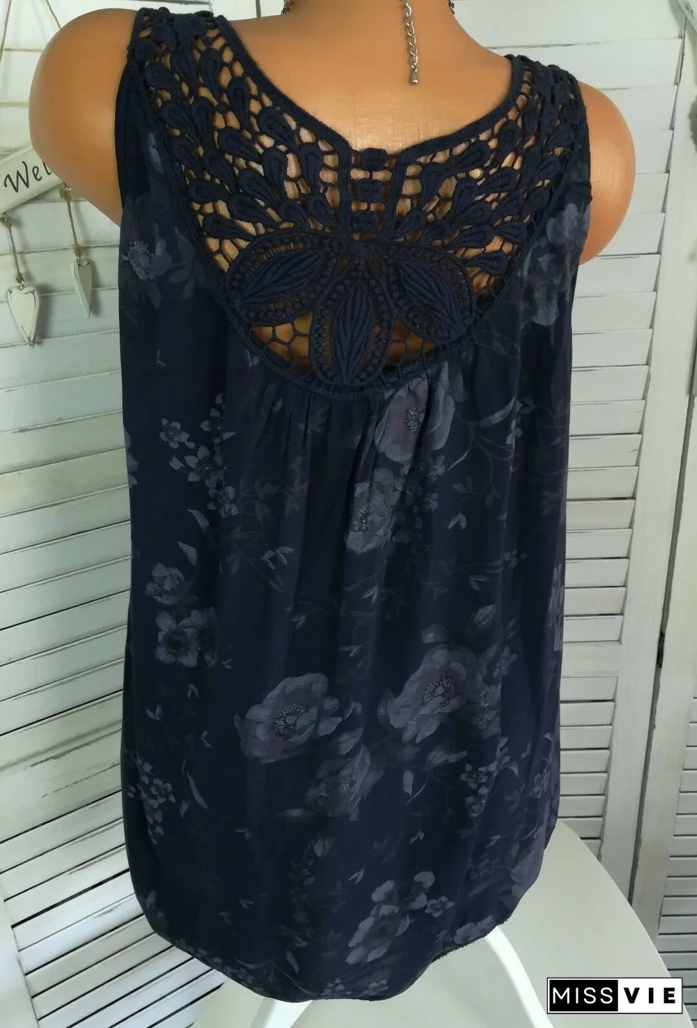 Women's Floral Printed Lace Stitching Sleeveless Tops Blouse