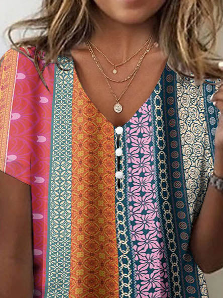 Women Half Sleeve V-neck Solid Color Dress