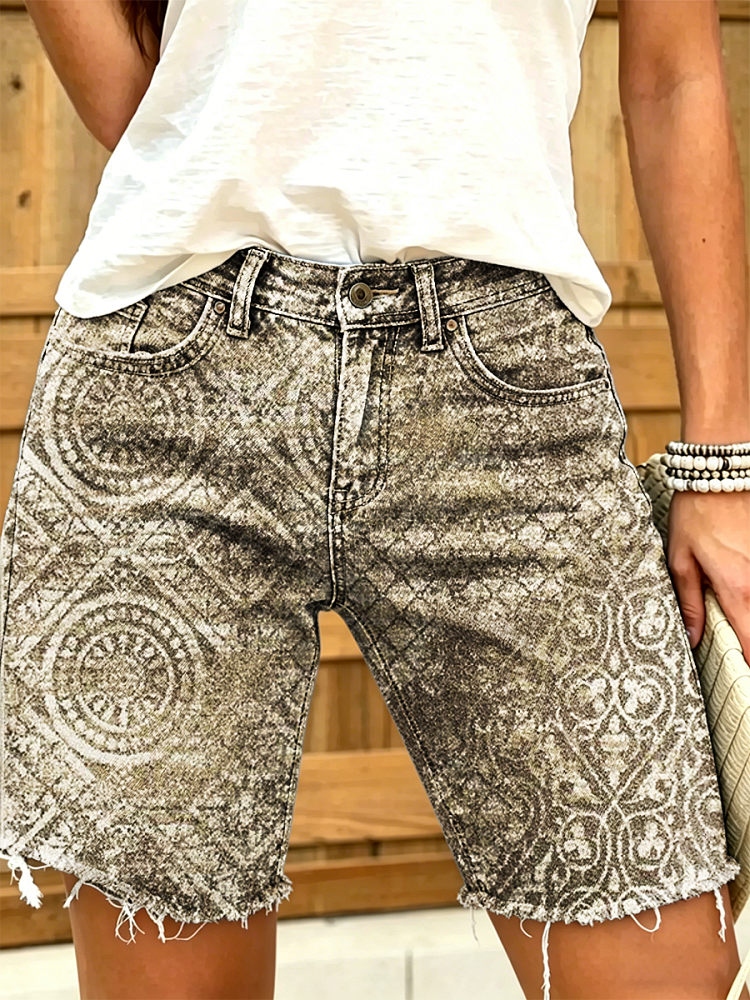 Women's Retro Ethnic Art Print Casual Washed Cotton Denim Shorts