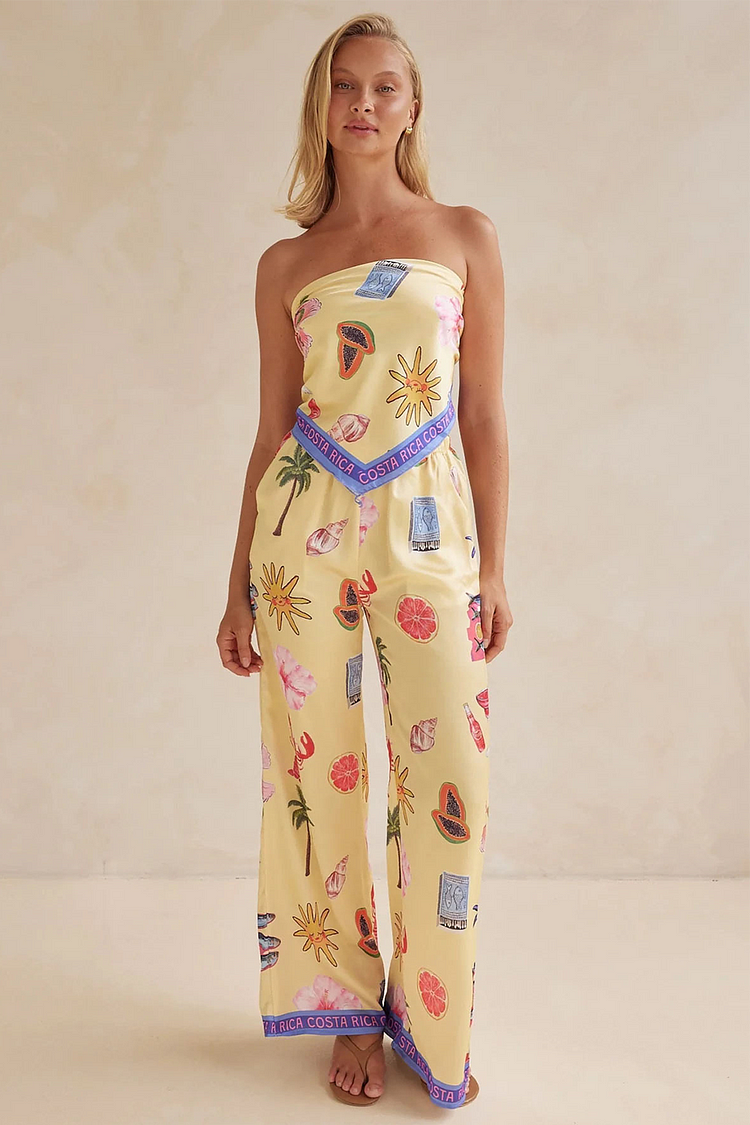 Mixed Print Strapless Top Contrast Trim Wide Leg Pants 2pcs Set-Yellow