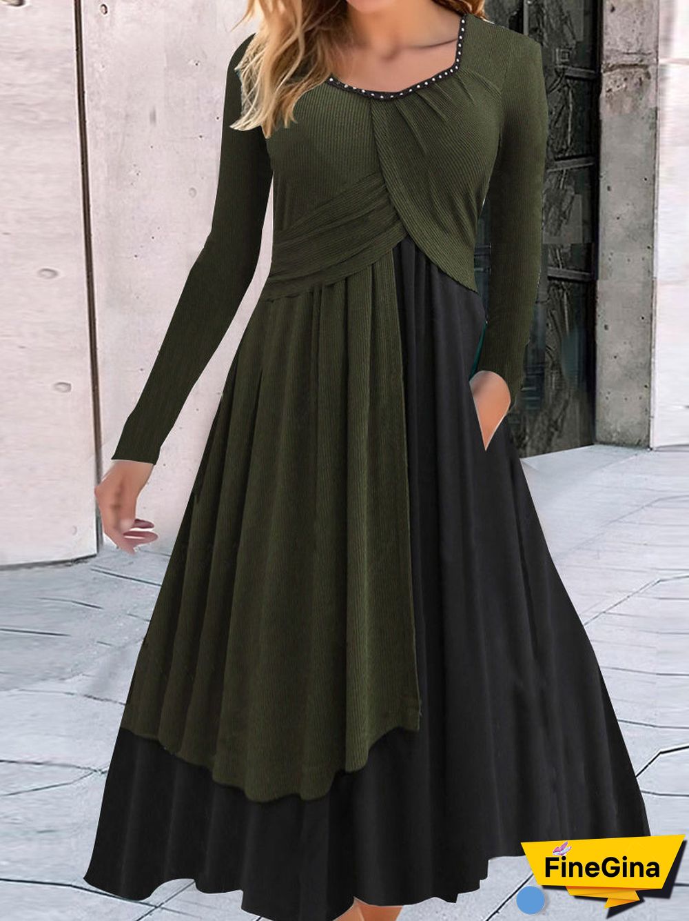 Women's Long Sleeve Scoop Neck Colorblock Graphic Printed Midi Dress