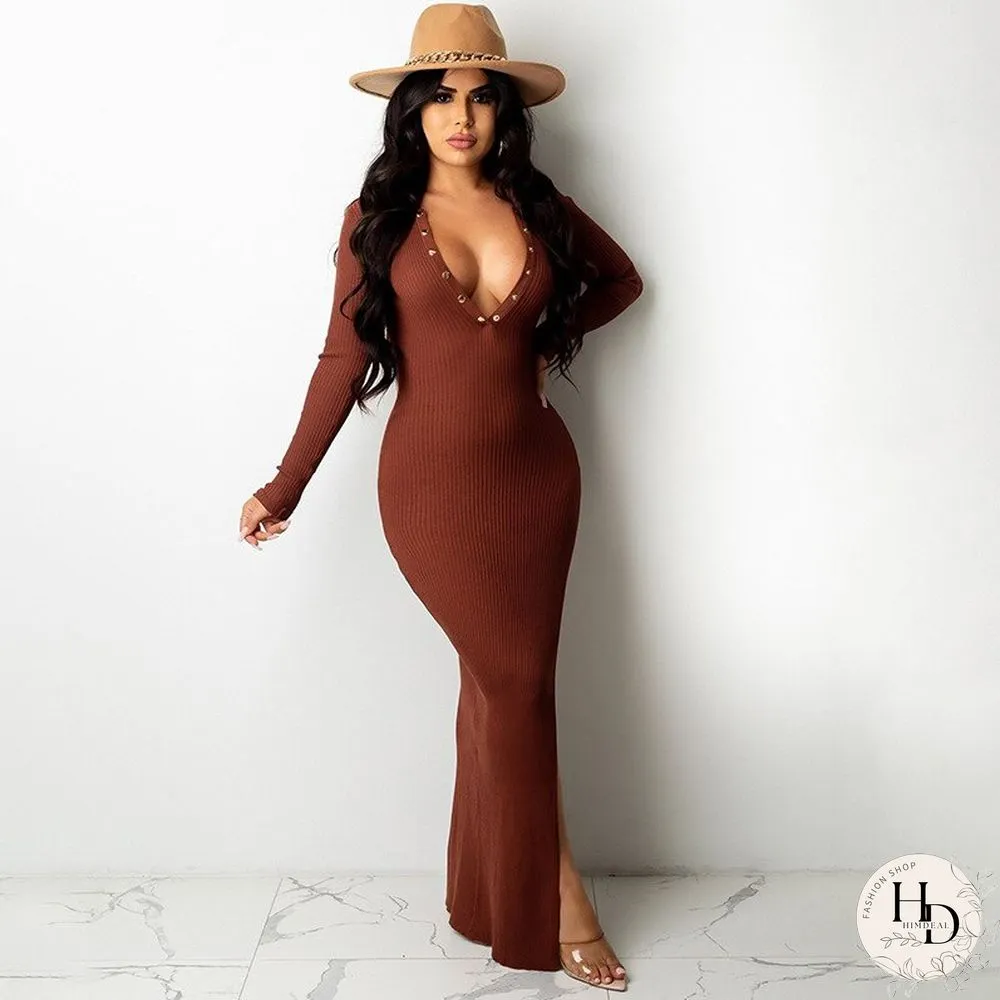 Womens New Autumn Fashion Buckle Lapel Backless Vintage Dress Long Sleeve Slit Woman