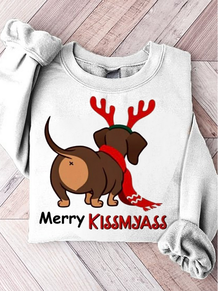 Women's Dachshund Dog Deer Horn Merry Kissmyass Print Sweatshirt socialshop