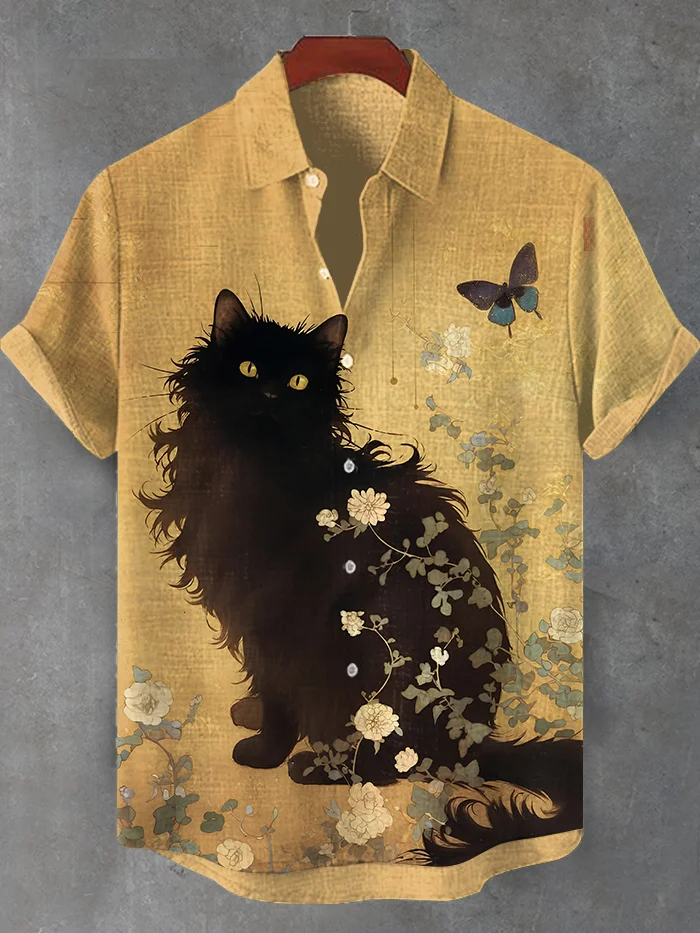 Men's Vintage Flower Black Cat And Butterfly Print Short Sleeve Shirt