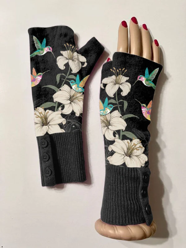 Retro floral birds casual print knit fingerless gloves