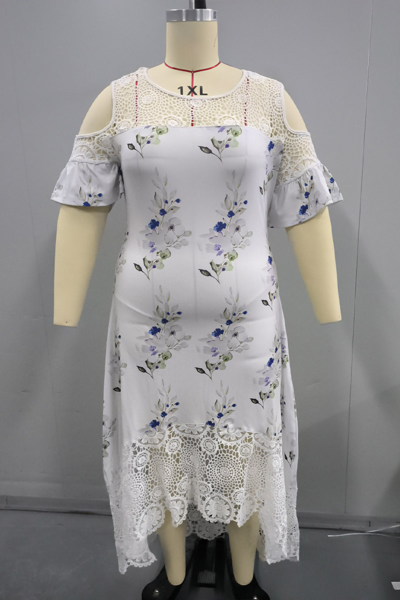 Plus Size Lace Stitching Cold Shoulder Floral Print Maxi Dresses 2024 - Flycurvy 