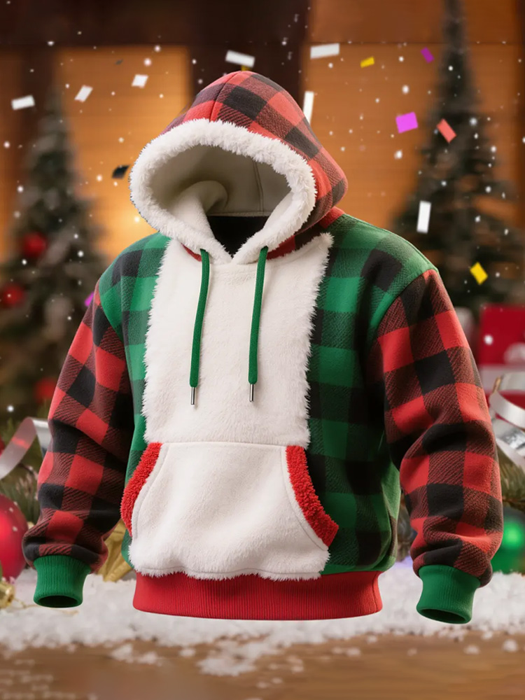 Men's Plush Stitching Christmas Plaid Warm Hoodie elevenforest