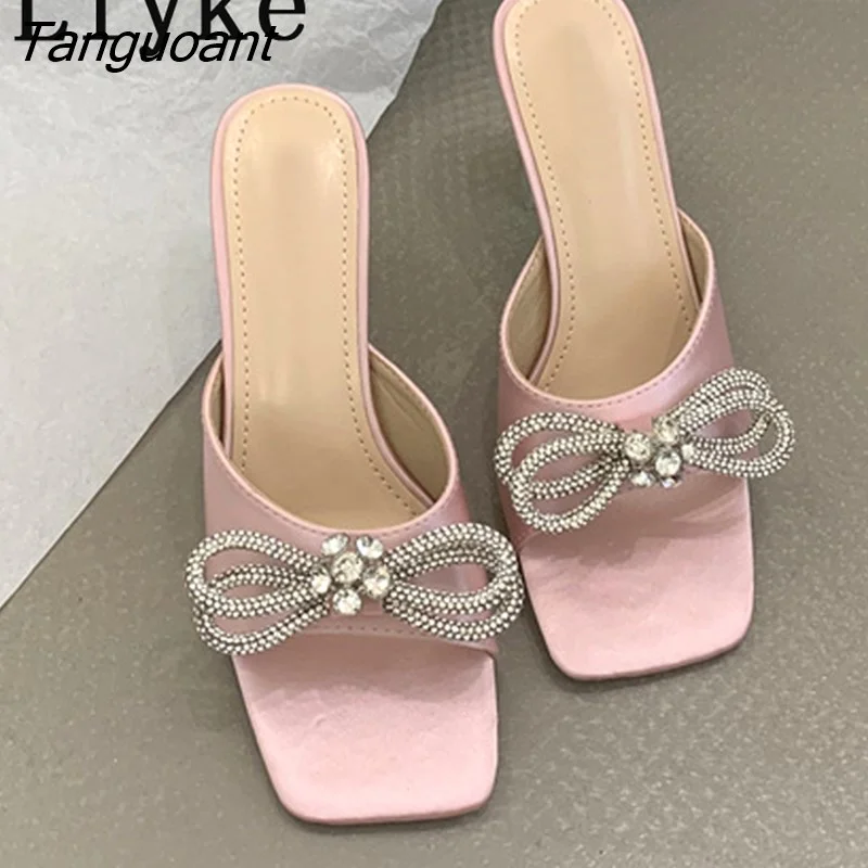 Tanguoant Summer Transparent Strange Low Heels Slippers Outdoors Fashion Crystal Bowknot Women Slides Shoes Party Dress Sandals Pink