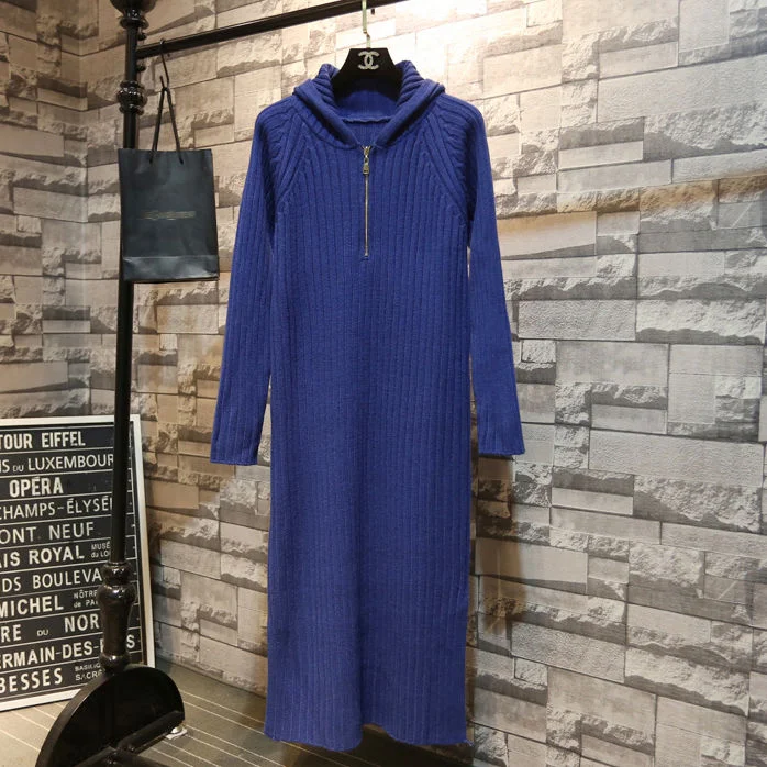 Autumn and winter fashion temperament new hooded long over-the-knee sweater dress women loose solid color knitted dress