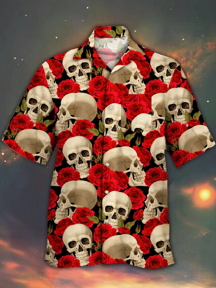 Men's Rose and Skull Print Casual Shirt PLUSCLOTHESMAN