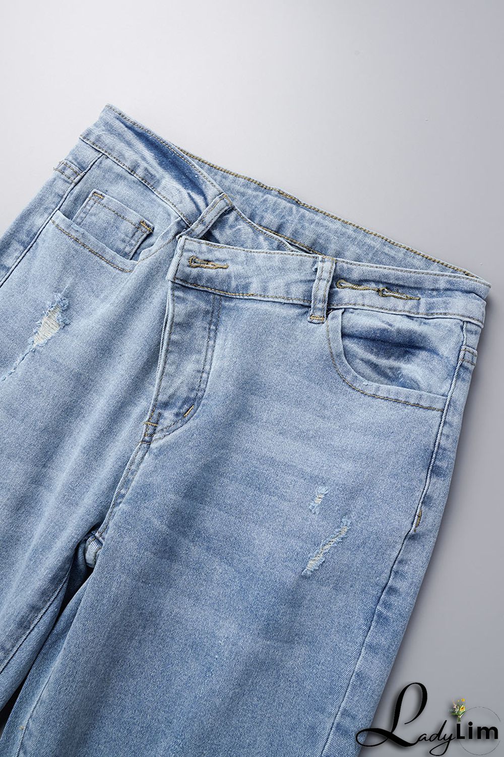 Light Blue Street Solid Ripped Patchwork High Waist Denim Jeans