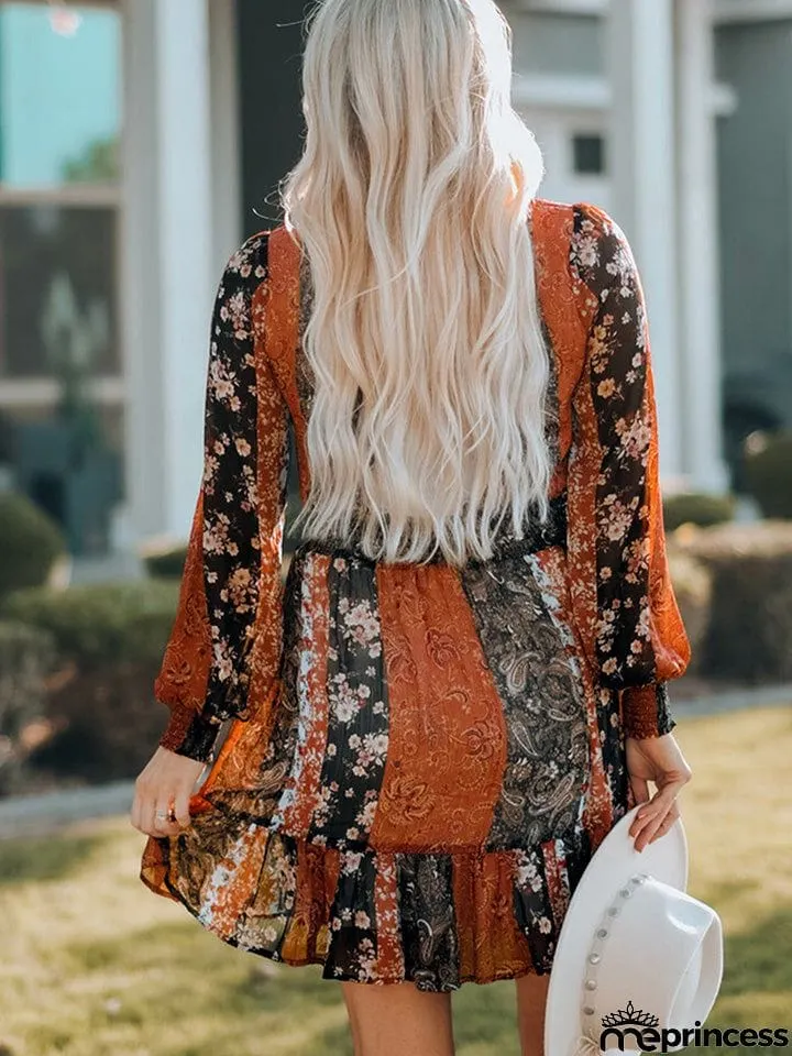 V-Neck Long Sleeve Lantern Sleeve Dress