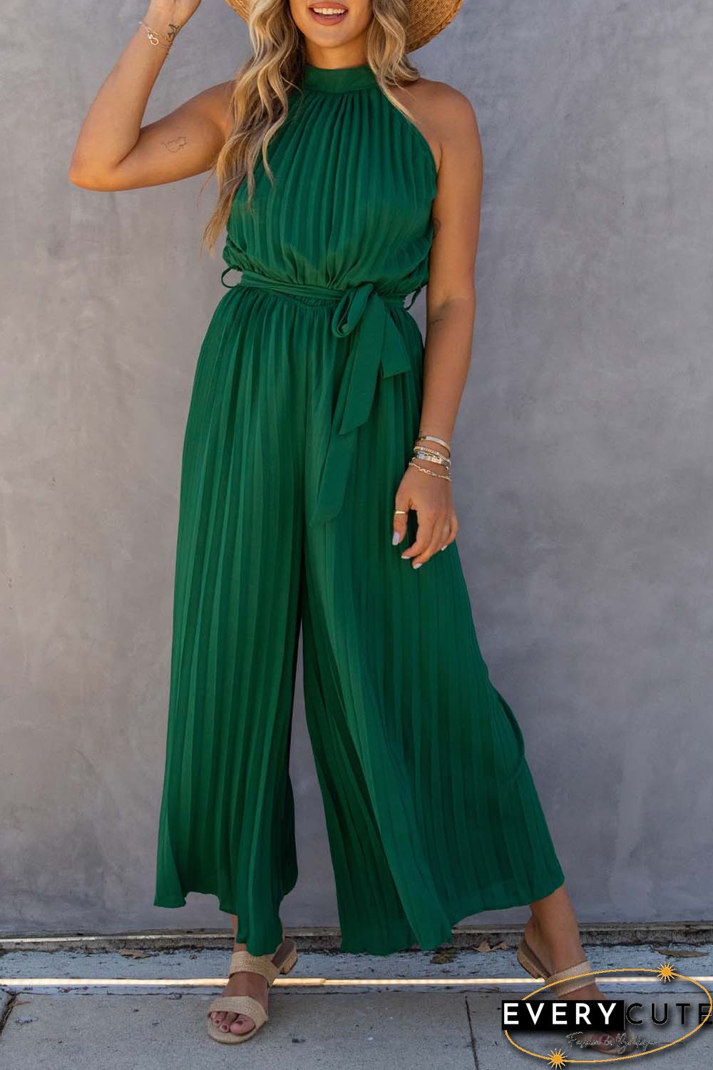 Green Halter Neck Pleated Wide Leg Jumpsuit with Belt