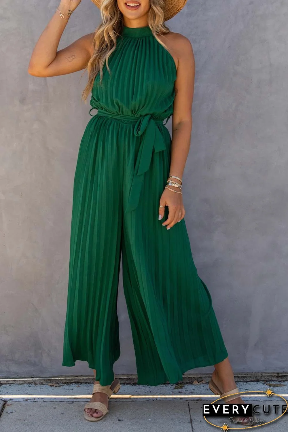 Green Halter Neck Pleated Wide Leg Jumpsuit with Belt
