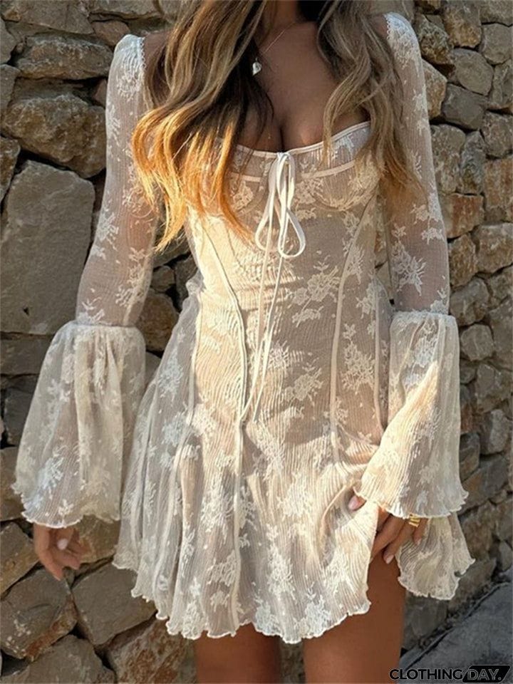 Flared Sleeve Ruffle Sexy Lace Dress for Ladies