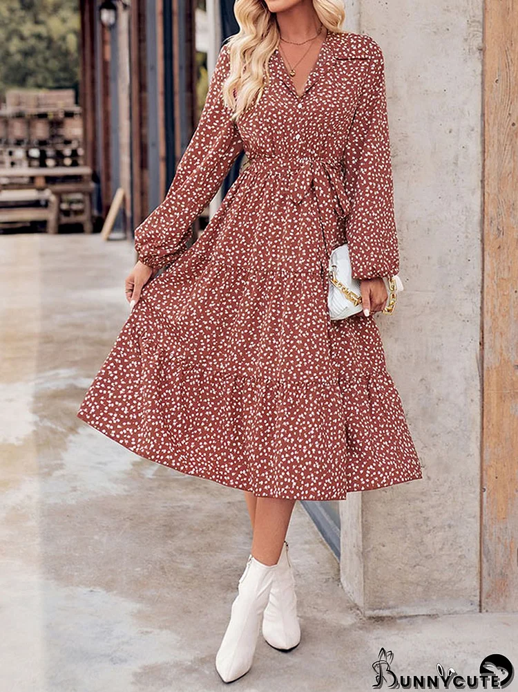 A-Line Long Sleeves Buttoned Flower Print Pleated Split-Joint Tied Waist Lapel Midi Dresses