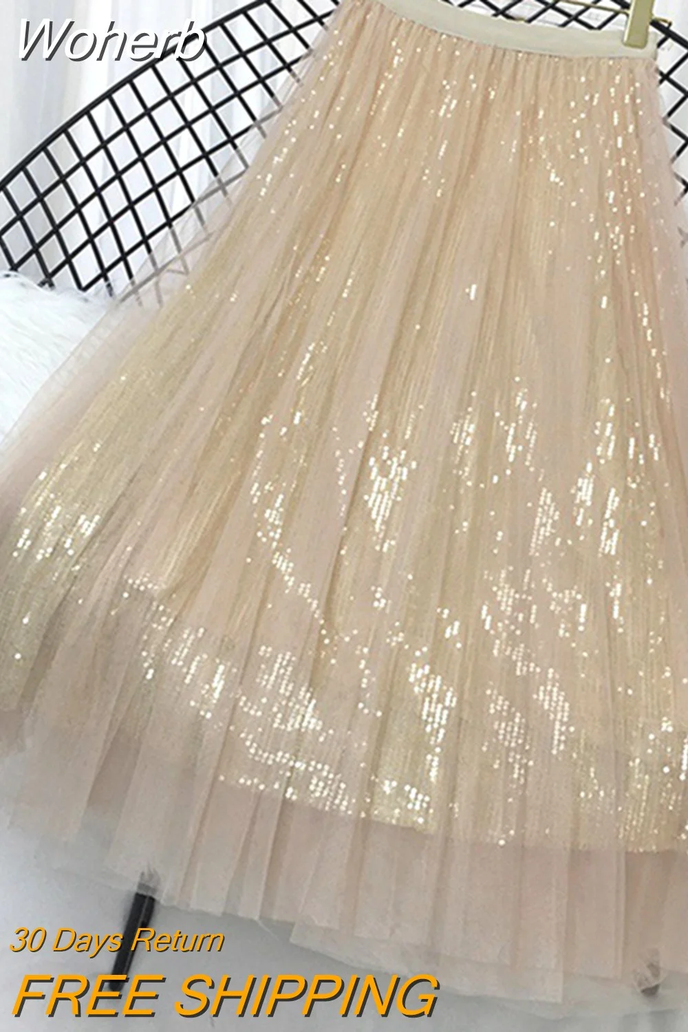 Woherb Women Korean Style Sequin Tulle A-line Skirt Vintage Elastic Waist Party Midi Mesh Skirt QT2199
