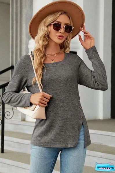 Slit Decorative Button Square Neck T-Shirt