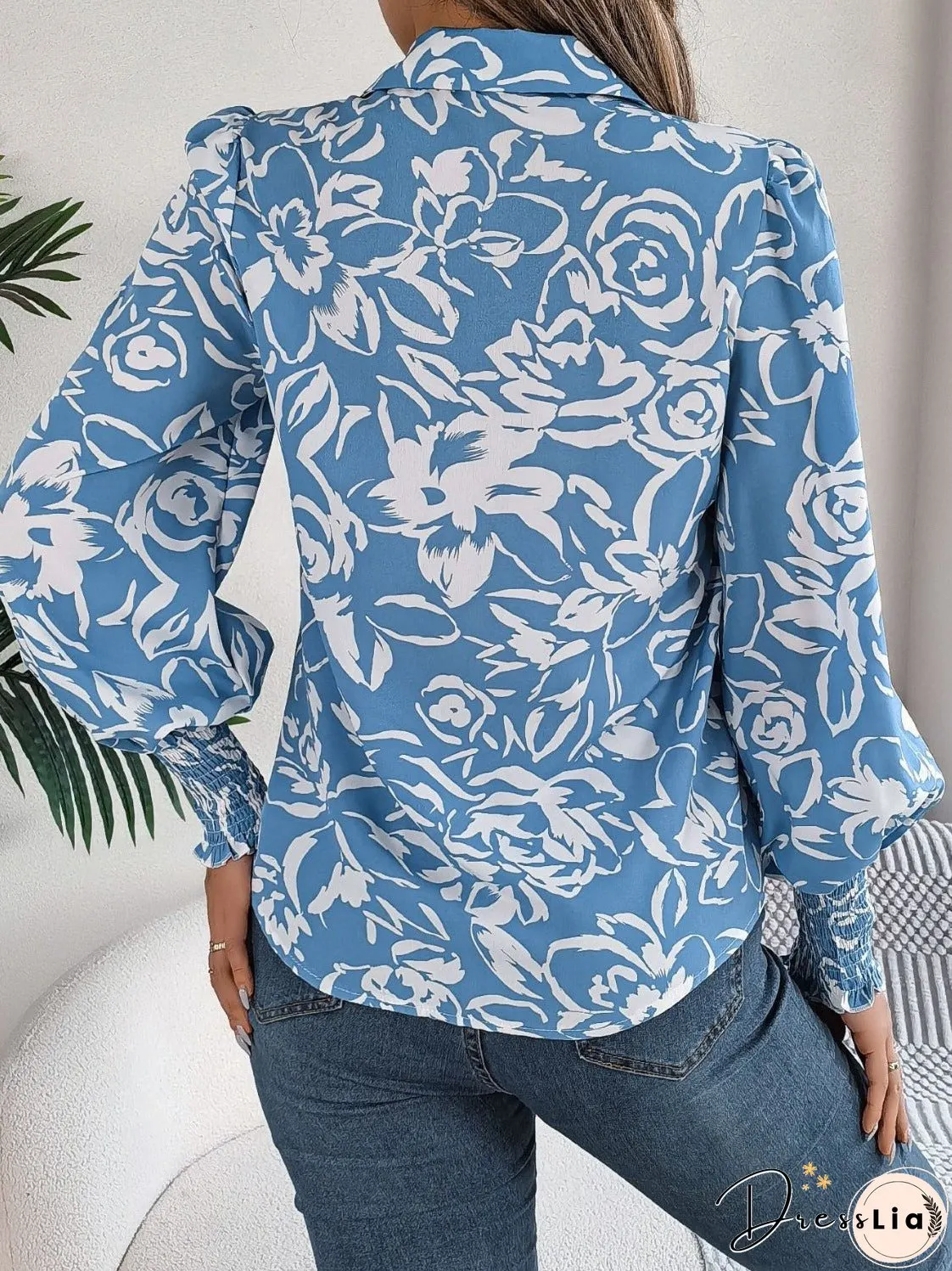 Printed Collared Neck Lantern Sleeve Shirt