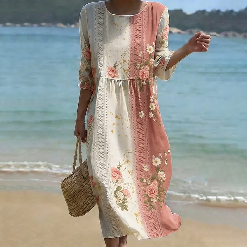 Women's Elegant Floral Art Linen Blend Loose Linen Dress wearshes