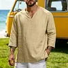 Men's Vacation-Style V-Neck Cotton-Linen Shirt With 3/4 Sleeves by Inlyline
