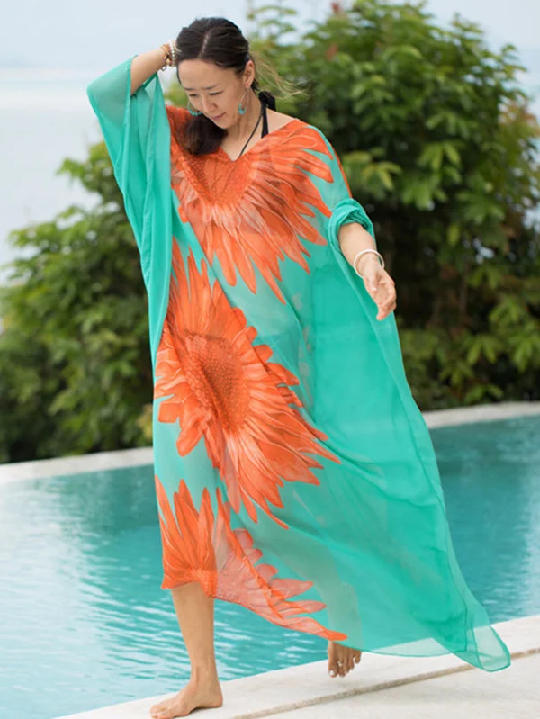 Floral Printed Loose Plus Size V-neck Cover-Ups Swimwear