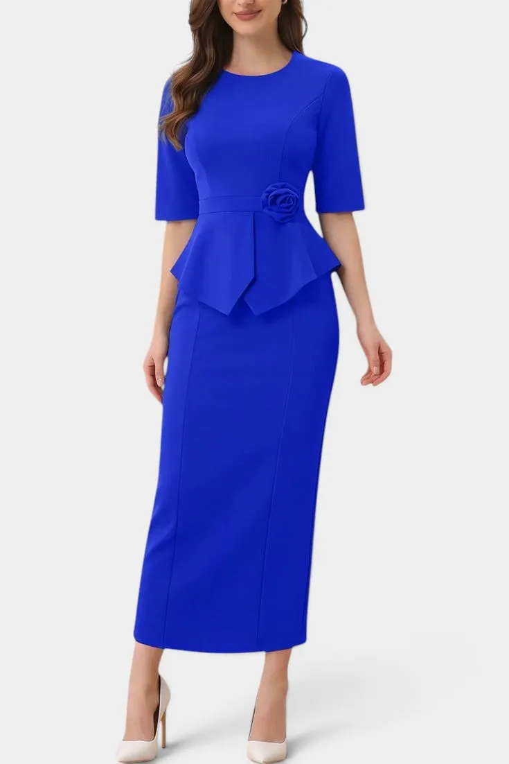 Royal Peplum Dress with Floral Accent