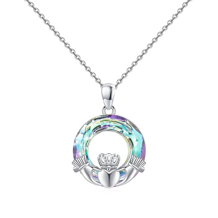 For Daughter - S925 Straighten Your Crown Hands Holding Crown Heart Claddagh Pendant Necklace