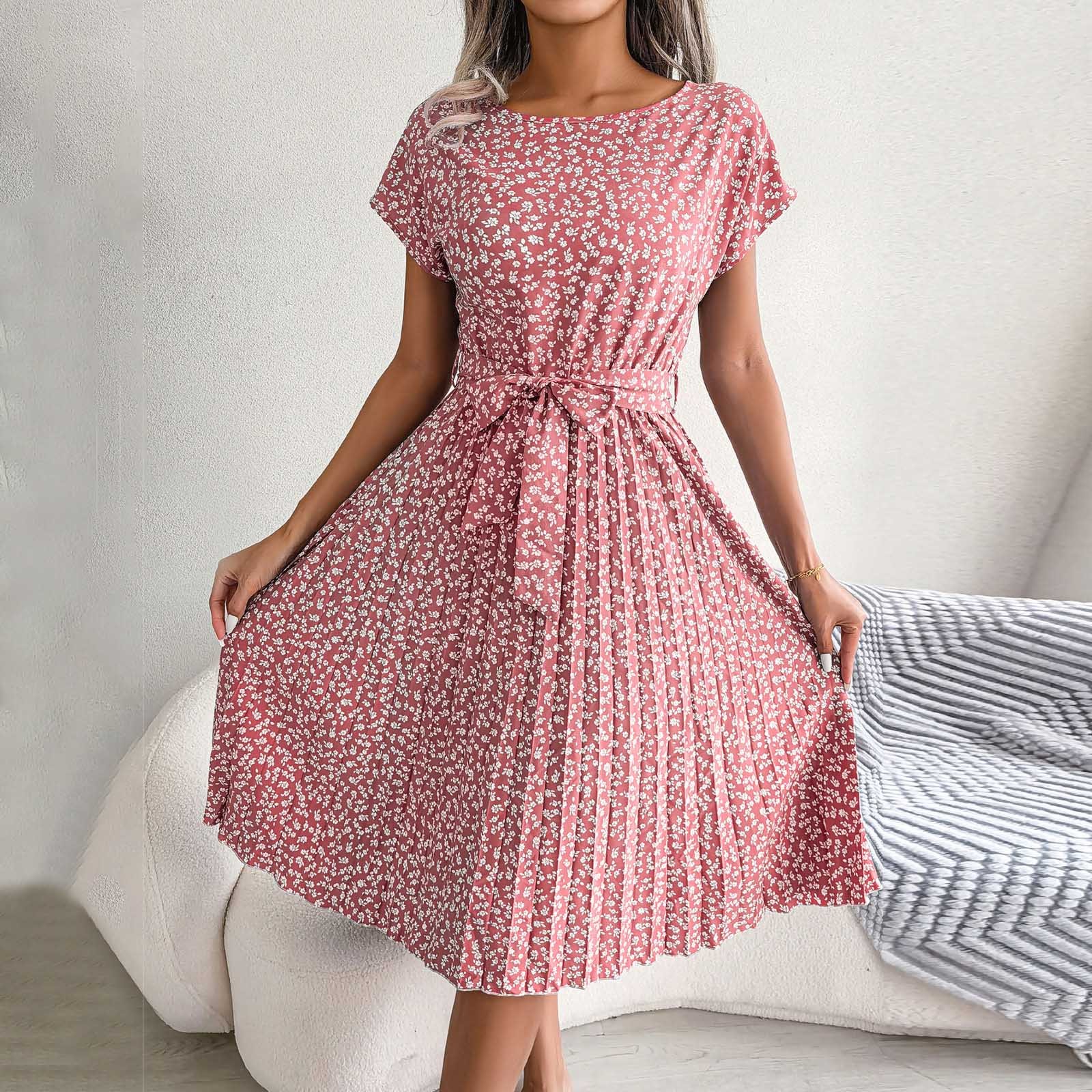 Beach Dress Plus Size Women'S Summer Midi Skirt Small Petite Floral Print Short Sleeved Tperament High Waist Junior Mid Dress