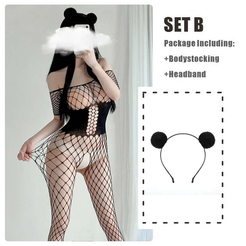 OJBK Women Fishnet Crotchless Bodystockings Black Corset Erotic Bodysuit Hollow Out Lingerie Jumpsuit Sexy Fishnet Underwear New