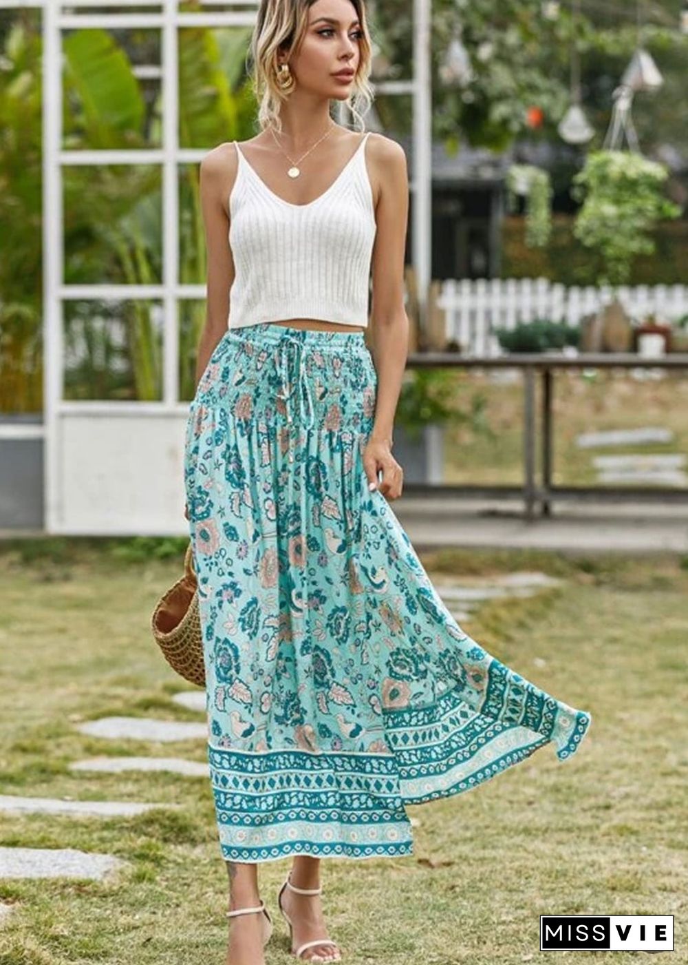 Boho Skirts in Smocked Waist, Bird Garden in Blue For Women