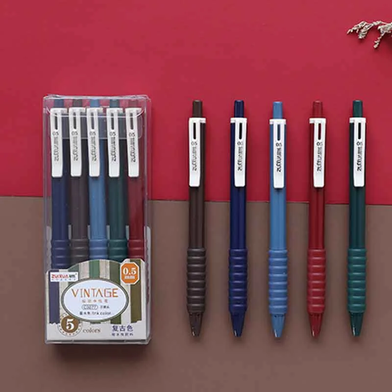 5pcs/lot Retractable Vintage Color Gel Pens Set Quick Dry 0.5mm Bullet Tip Retro Pen for Office School Kawaii Stationary