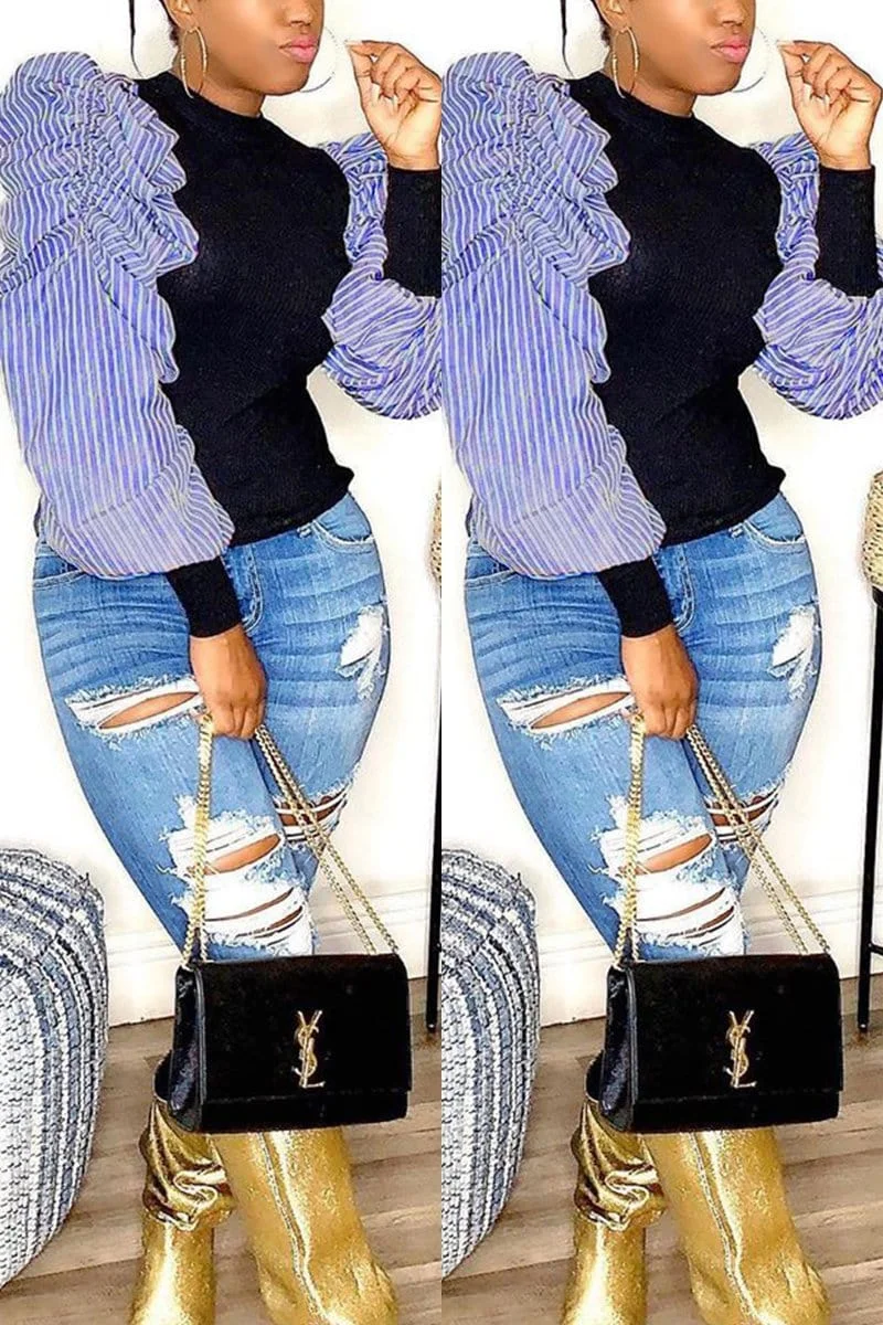Fashion Casual Stitching Puff Sleeve Top